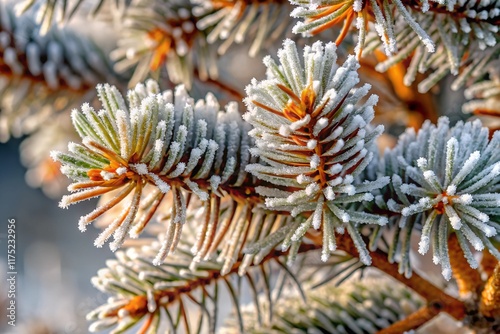 A close-up view of frost-covered pine branches, showcasing intricate icy details and a soft, wintry atmosphere with a pale, serene color palette.