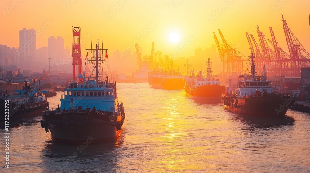 Fototapeta premium Sunset over Cargo Ships in a Busy Harbor