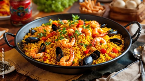 Authentic Spanish Paella with Seafood and Vegetables on Rustic Table photo