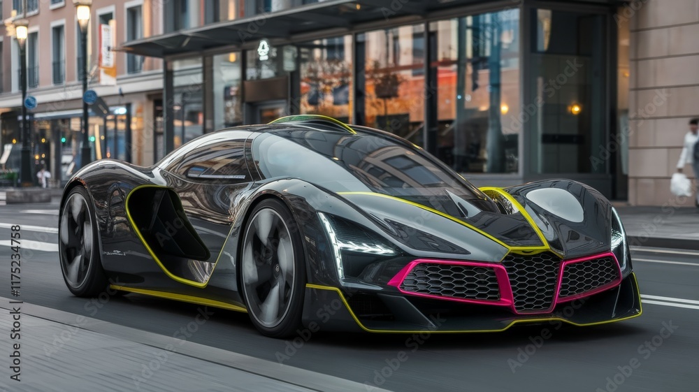 Futuristic sports car concept driving through a city street at dusk