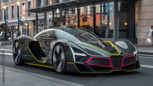 Obraz na płótnie Futuristic sports car concept driving through a city street at dusk w salonie