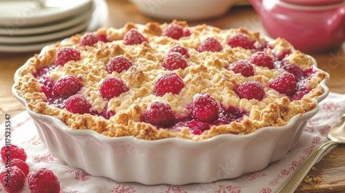 A delightful raspberry crumble pie photo