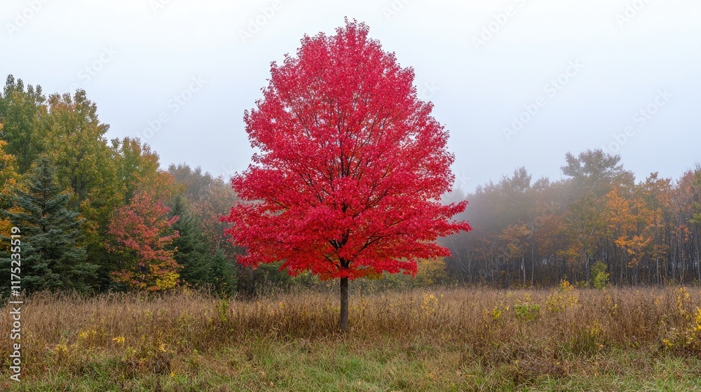 Vivid Red Maple Tree Autumn Landscape Scene Vivid Red Maple Tree Autumn Landscape Scene