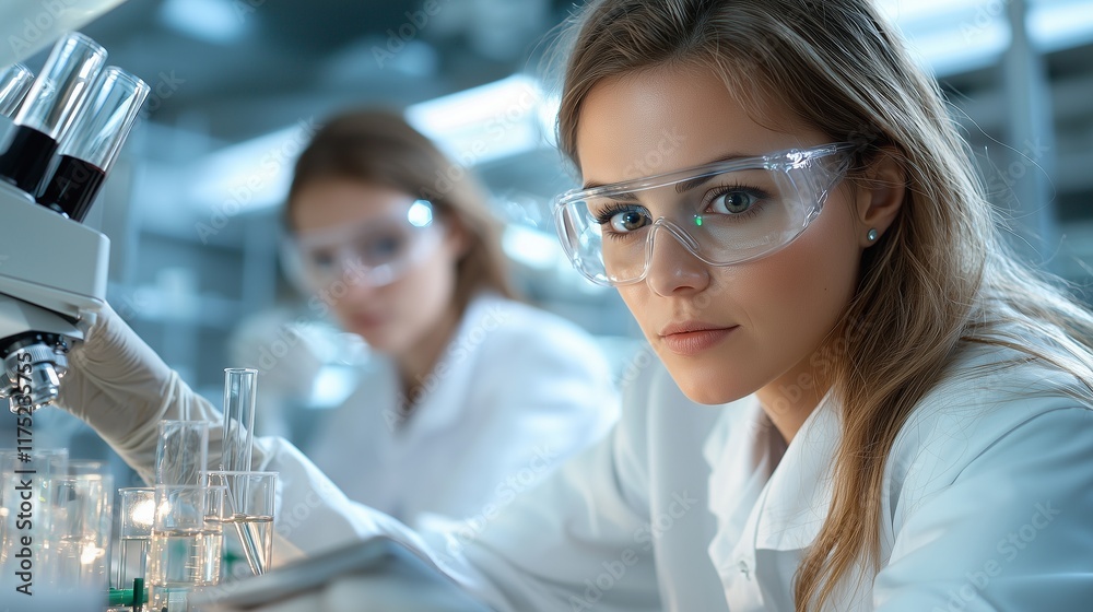 Fototapeta premium Two female scientists in a modern laboratory, focused on conducting research using advanced equipment surrounded beakers test tubes and scientific instruments under soft lighting innovation science