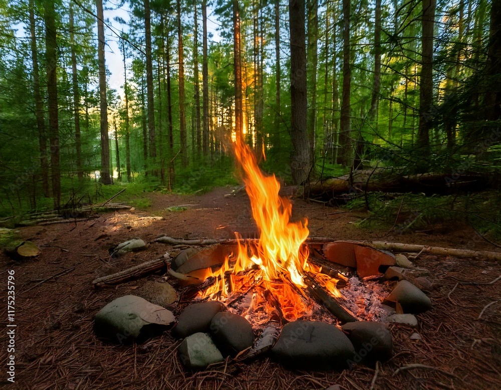 A cozy campfire in the woods, surrounded by logs and small stones A cozy campfire in the woods, surrounded by logs and small stones