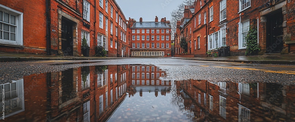 Obraz premium Reflection of red brick buildings in a rain puddle on a street.
