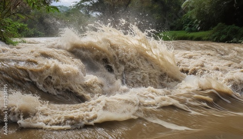 Raging Floodwaters Surging Through Forest River Valley After Heavy Rainfall with Muddy Rapids and Splashing Waves in Verdant Landscape photo