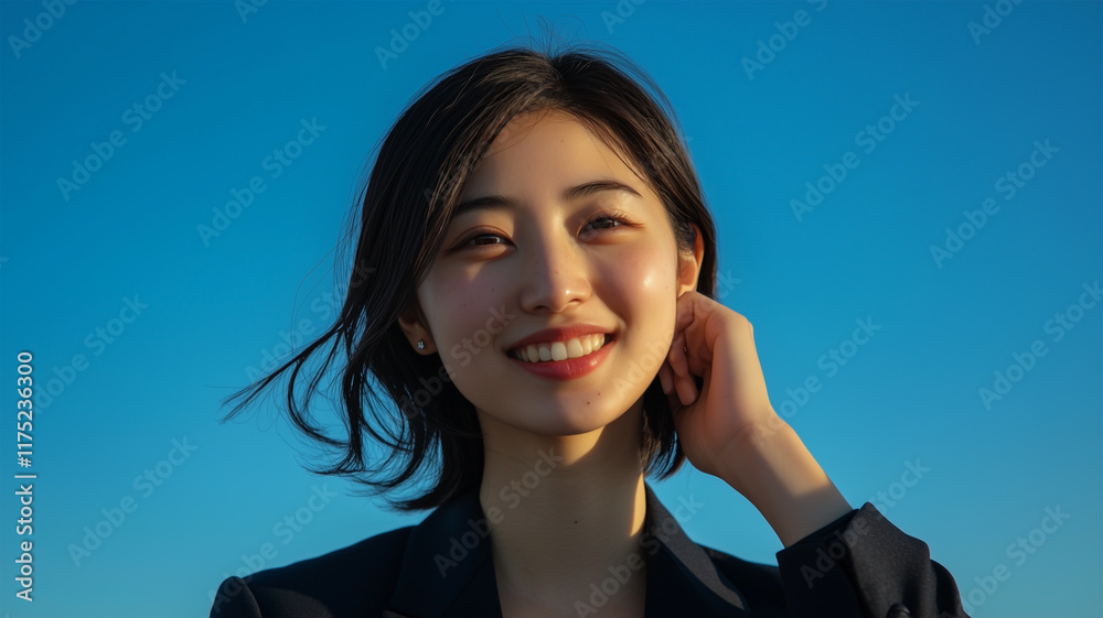 青空の下で微笑む女性