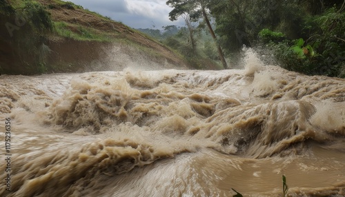 Raging Floodwaters Surging Through Forest River Valley After Heavy Rainfall with Muddy Rapids and Splashing Waves in Verdant Landscape photo