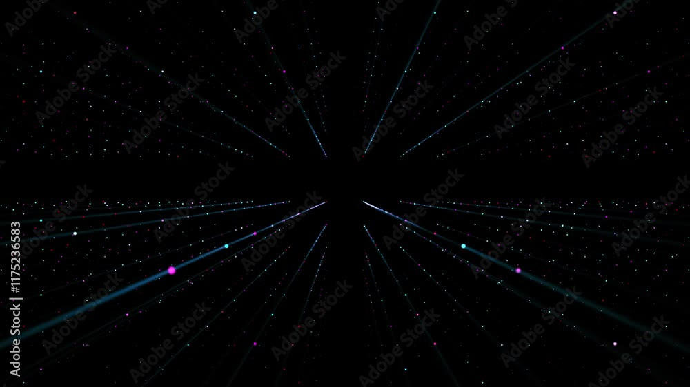 dynamic, multi-colored backdrop with luminous particles against a dark bg fly or float form array of glitter, creating a truly memorable visual experience. Motion graphics glow. 
