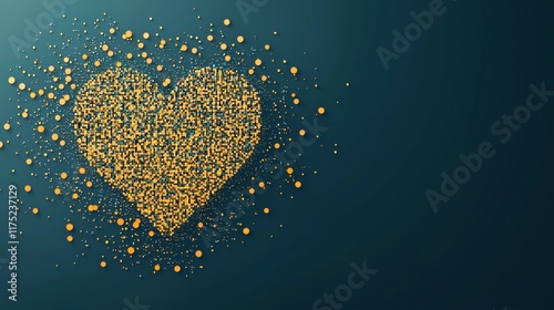 Heart made of gold and silver dots on a blue background. The heart is surrounded by a lot of dots, making it look like a big explosion