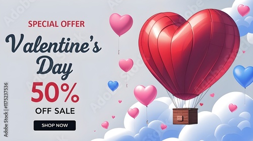 Valentine's Day Sale Banner Template with Floating Hearts, Hot Air Balloons, Love Coupons, Festive Promotions and Holiday, Valentine Day design for advertising, banners, valentine card, greeting card