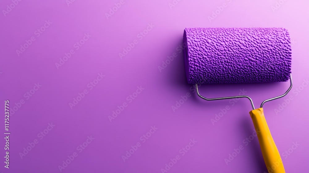 Obraz premium Purple paint roller with a yellow handle is on a purple background. Concept of creativity and artistic expression, as the bright colors of the roller and the background contrast with each other