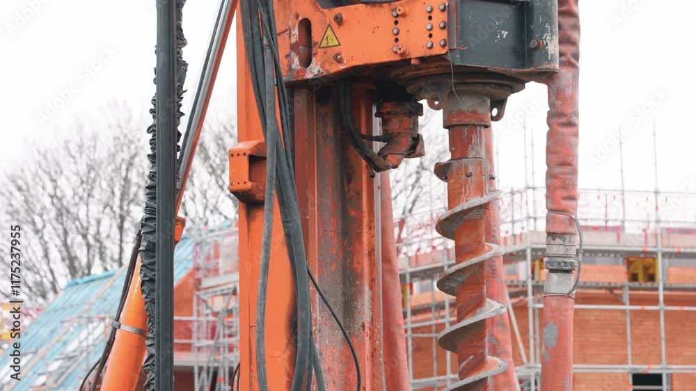 Close-up of Construction piling rig auger drills foundation at a building site during overcast day