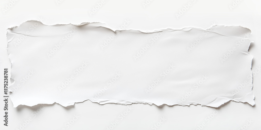 Fototapeta premium Torn paper strip on a white background, showcasing a clean and minimalist design element ideal for presentations, banners, and creative projects.