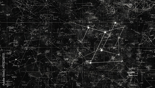 A seamless digital background with mathematical formulas, physics symbols, and mesh grid networks, reflecting futuristic science AI Generated