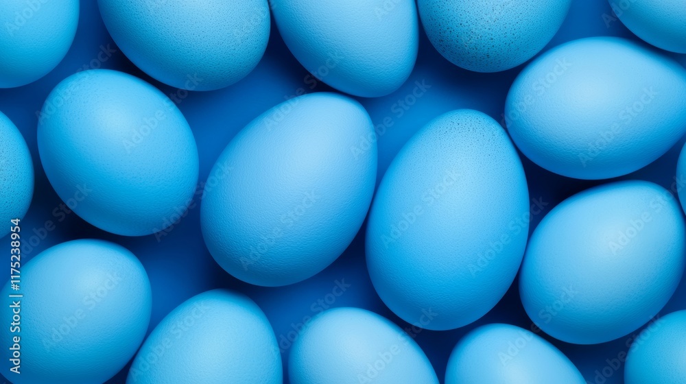 Row of blue eggs are laid out on a blue background. The eggs are all the same size and shape, and they are arranged in a neat, orderly fashion. The blue color of the eggs Row of blue eggs are laid out on a blue background. The eggs are all the same size and shape, and they are arranged in a neat, orderly fashion. The blue color of the eggs