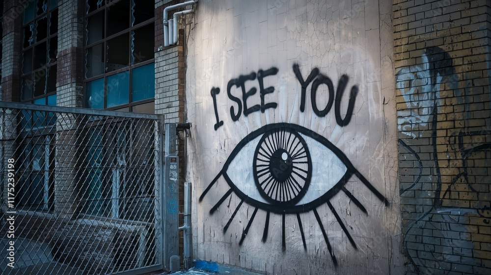 Fototapeta premium Close-up of a graffiti mural depicting an eye with the words 'I see you' on a weathered urban wall