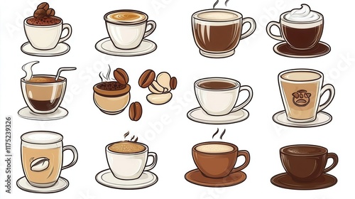Coffee Cup Clip Art icon set on a clean background, clip art style, vector illustration, coffee theme clip artwork for stickers, coffee shop graphics