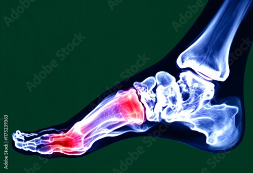 Medical X-Ray Image Showing Foot Pain and Bone Fracture: A Detailed View of Human Foot Anatomy.  The image showcases a detailed view of human foot anatomy, highlighting a painful area that suggests bo photo