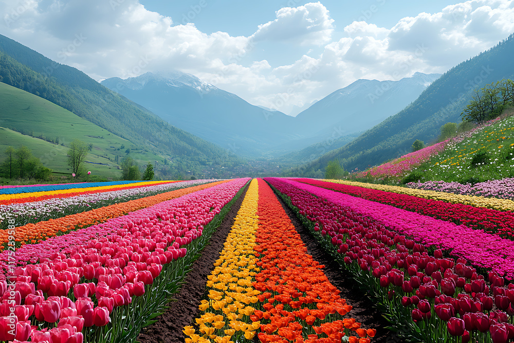 Endless tulip fields in full bloom with vibrant colors stretching to the horizon, set under a clear blue sky, symbolizing the beauty of nature and springtime