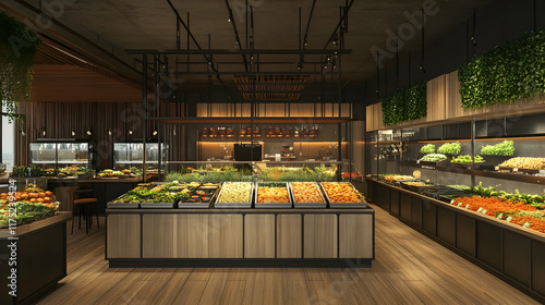 A self-service dining area with a variety of cuisines displayed in organized containers AI Generated