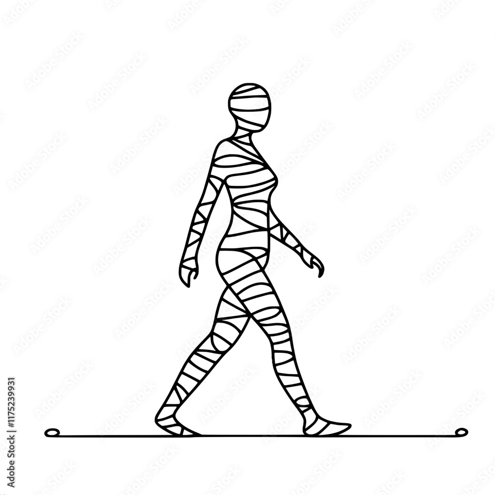 Fototapeta premium Abstract silhouette of wrapped human figure walking, single line vector outline drawing