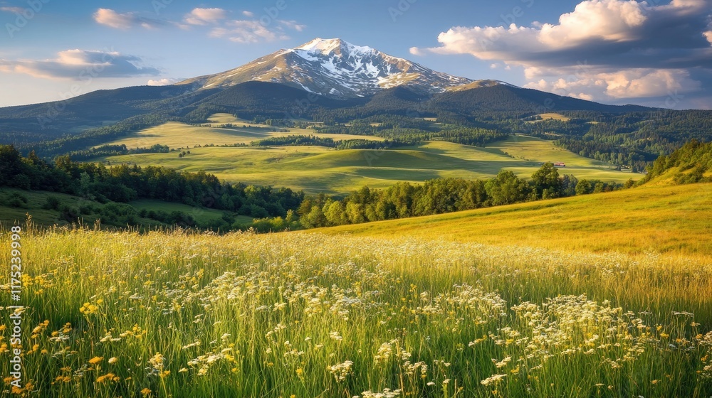 Fototapeta premium Majestic Mountain Landscape With Blooming Wildflower Meadow