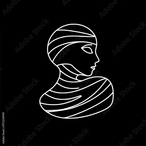 Minimalist line art portrait of a female silhouette on a dark background, single line vector outline drawing