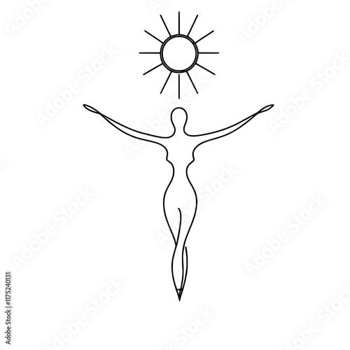 Minimalist sun line art embracing figure, single line vector outline drawing