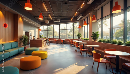 Cozy Modern Coffee Shop Interior with Colorful Decor