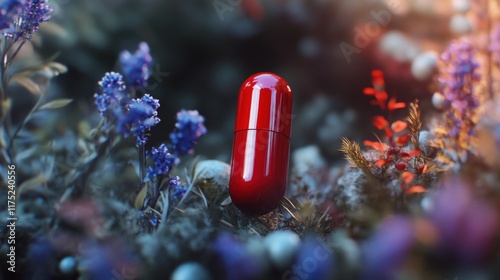 Red capsule with flower close up