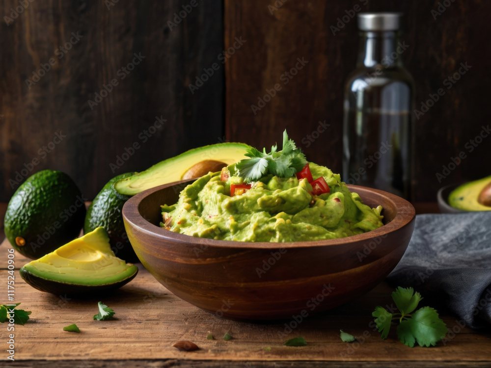 Obraz premium Cuencos de guacamole con aguacates cortados y aceite de oliva sobre una mesa de madera 