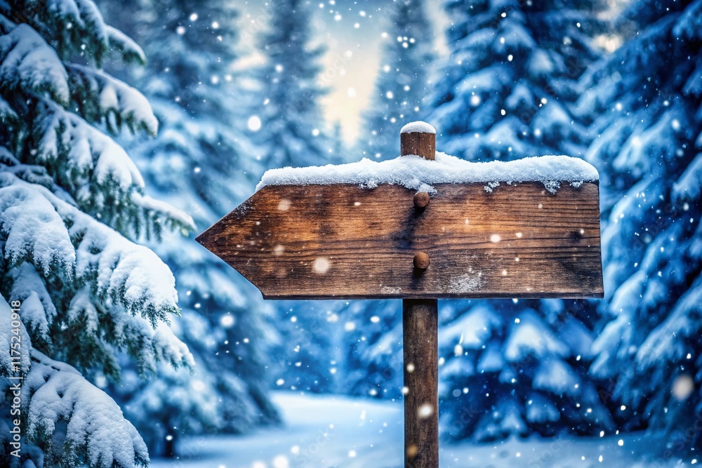 Fototapeta premium Snowy Wooden Directional Signpost, Winter Wonderland, Snowfall Background, Silhouette Photography