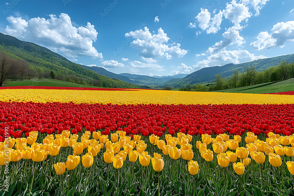 Endless tulip fields in full bloom with vibrant colors stretching to the horizon, set under a clear blue sky, symbolizing the beauty of nature and springtime Endless tulip fields in full bloom with vibrant colors stretching to the horizon, set under a clear blue sky, symbolizing the beauty of nature and springtime