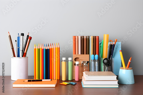 An Artful Arrangement of New HB School Supplies Ready for Use on a Wooden Desk