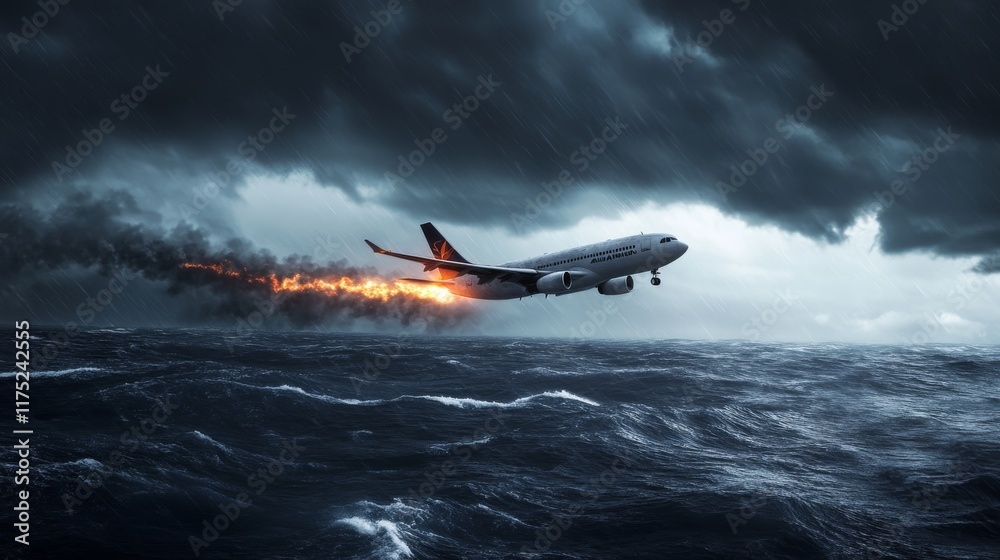 Fototapeta premium Dramatic Plane Emergency Landing at Sea with Engine Fire and Storm Clouds - Aerial View of Aircraft in Distress