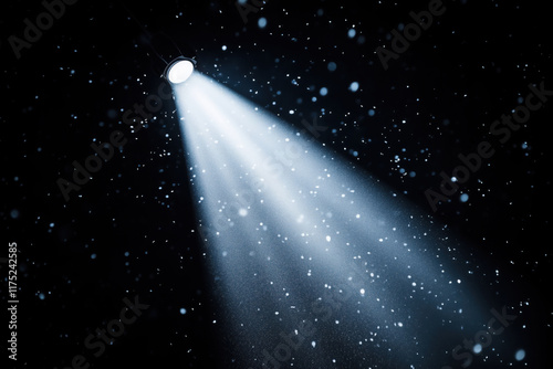 Spotlight shining in the darkness illuminating snowfall