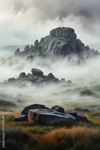 Fog rolling in over a megalithic landscape