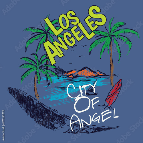 T-shirt design of Los Angeles CA, apparel print or poster. Surfing and grunge theme photo