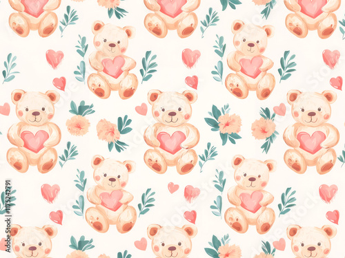 cute bear with heart valentine christmas gift with love nostalgia childhood soft pastel pattern background