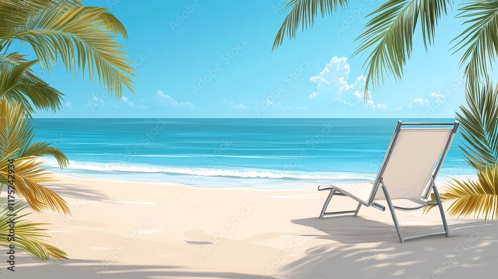Serene Tropical Beach Scene with Reclining Chair under Palm Trees Serene Tropical Beach Scene with Reclining Chair under Palm Trees