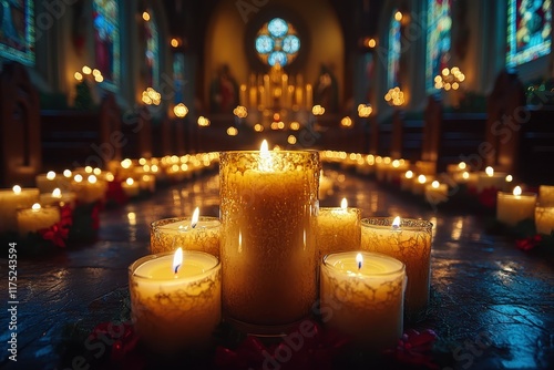 Warm candlelight illuminates a peaceful church interior during a quiet evening gathering for reflection and prayer photo