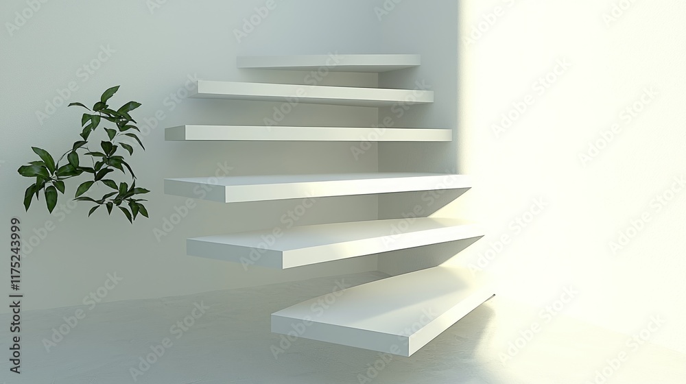 Modern spiral staircase with minimalist design and plant accent. Modern spiral staircase with minimalist design and plant accent.