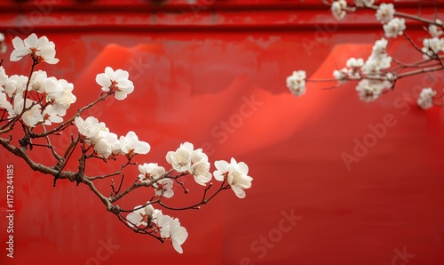 中国风春日暖阳红墙梅花枝头盛开背景 photo