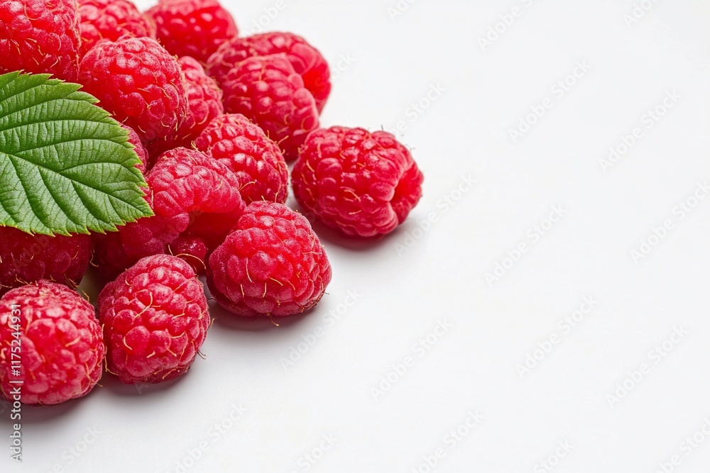A cluster of fresh raspberries with a green leaf on a white background. A cluster of fresh raspberries with a green leaf on a white background.