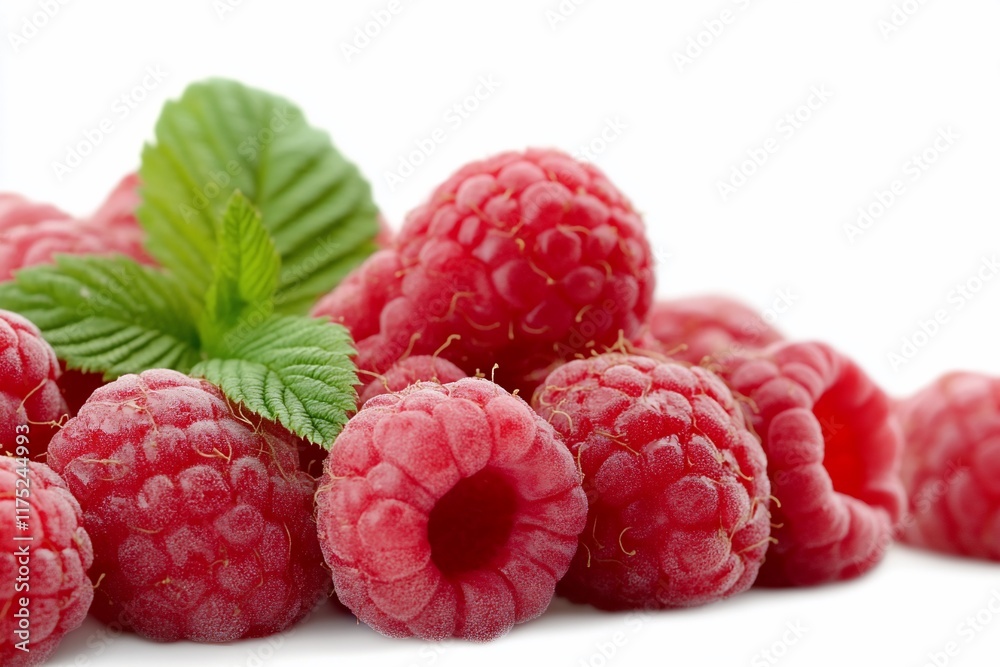 Fresh raspberries with mint leaves on a white background.