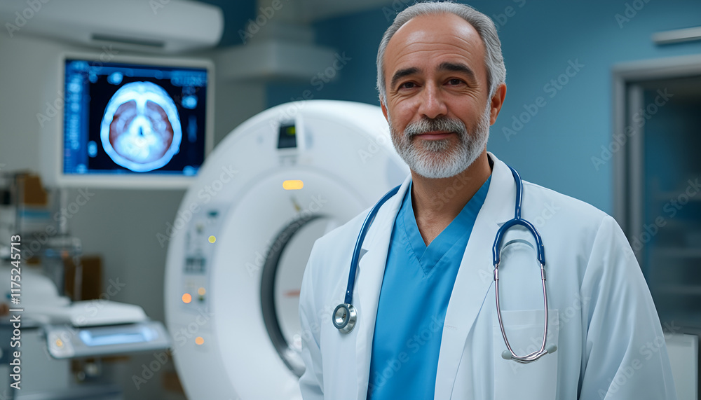 Radiologist in lab coat with mri machine, symbolizing expertise in mri diagnostics Radiologist in lab coat with mri machine, symbolizing expertise in mri diagnostics