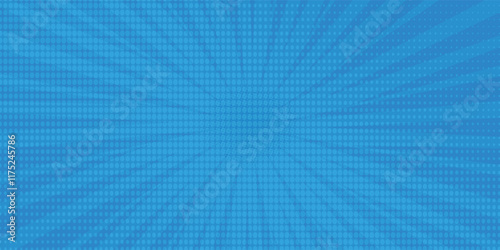 Comic background. Pop art texture. Starburst cartoon style. Anime design with explosion effect for print. Fun dot pattern. Blue backdrop with halftone gradient.