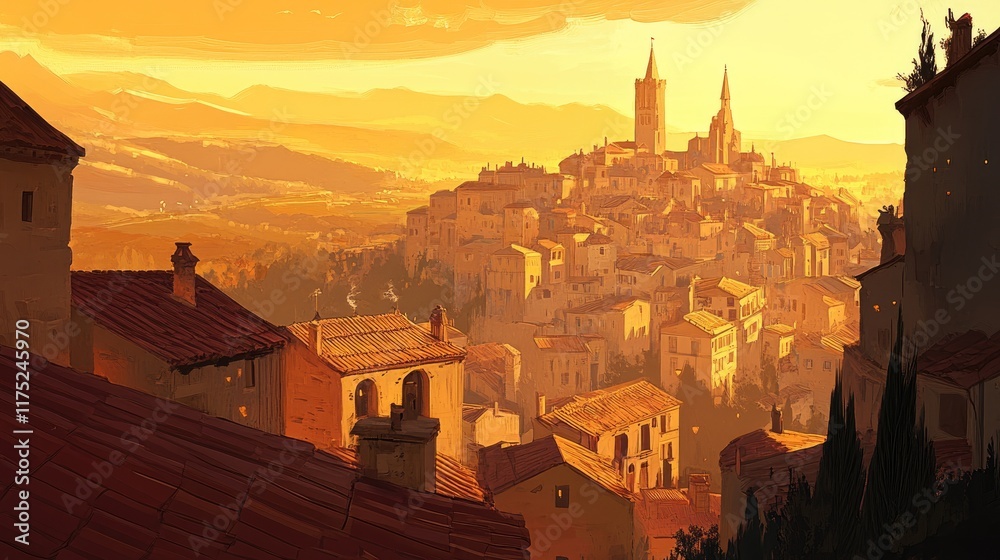 Obraz premium Golden Sunset Over Hilltop Medieval Town